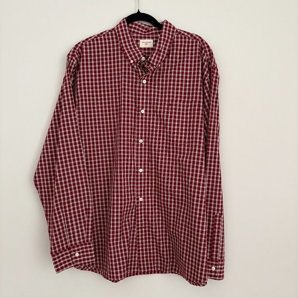 Dockers Classic Fit Burgundy Plaid Long Sleeve Button Down Shirt Preppy XXL